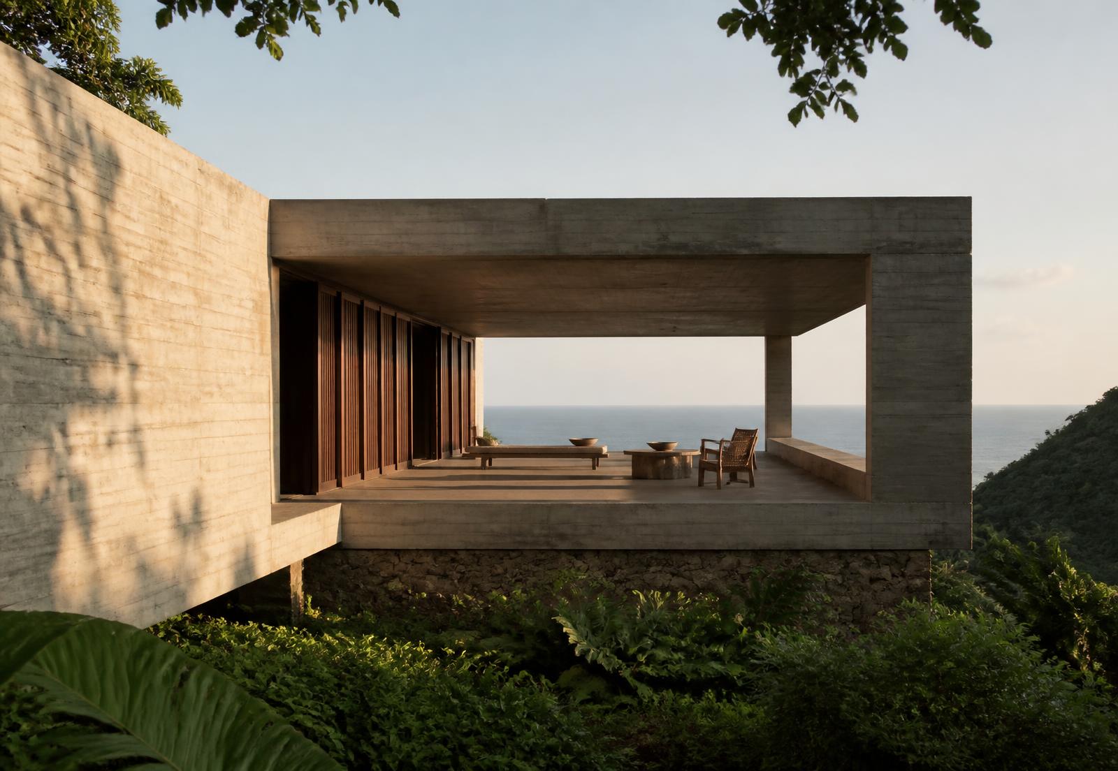 Eco-Lodge aus Stein und Holz an einem bewachsenen Hang mit Blick aufs Meer